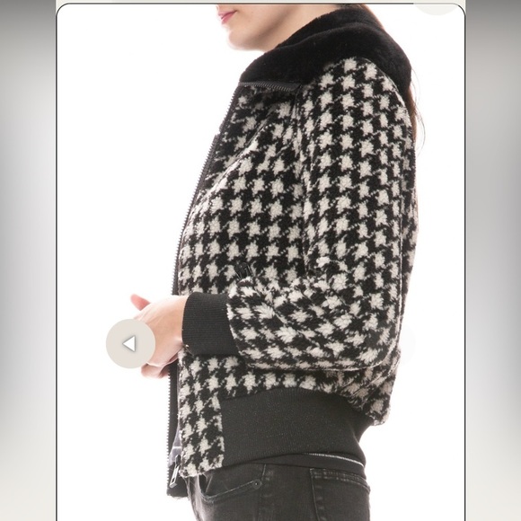 Jocelyn Sherpa faux fur bomber jacket houndstooth with collar size small black - Picture 2 of 9